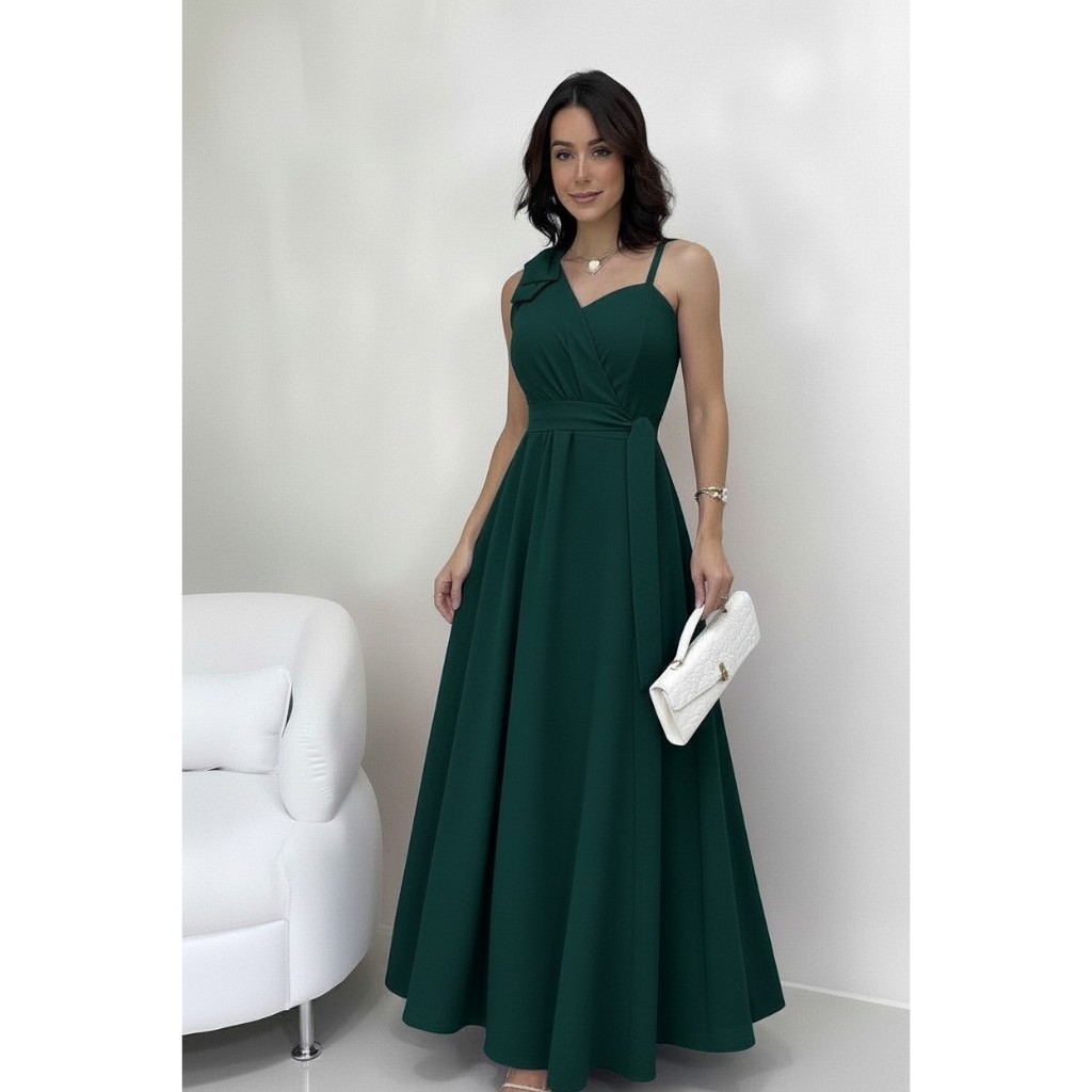 Vestido longo com laço no ombro, alça única regulável, cinto, forro e bojo | Casamento, festa e casual