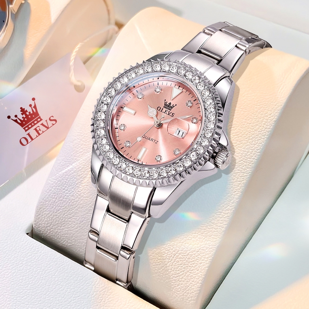 OLEVS Relógio Feminino Quartzo Rosa Cristais Luxo Diamantes presente À Prova D'Água 9945