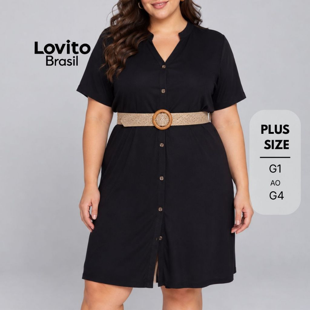 Lovito Plus Size Vestido Casual Estilo Chemise 100% Algodão DRB123BRL152