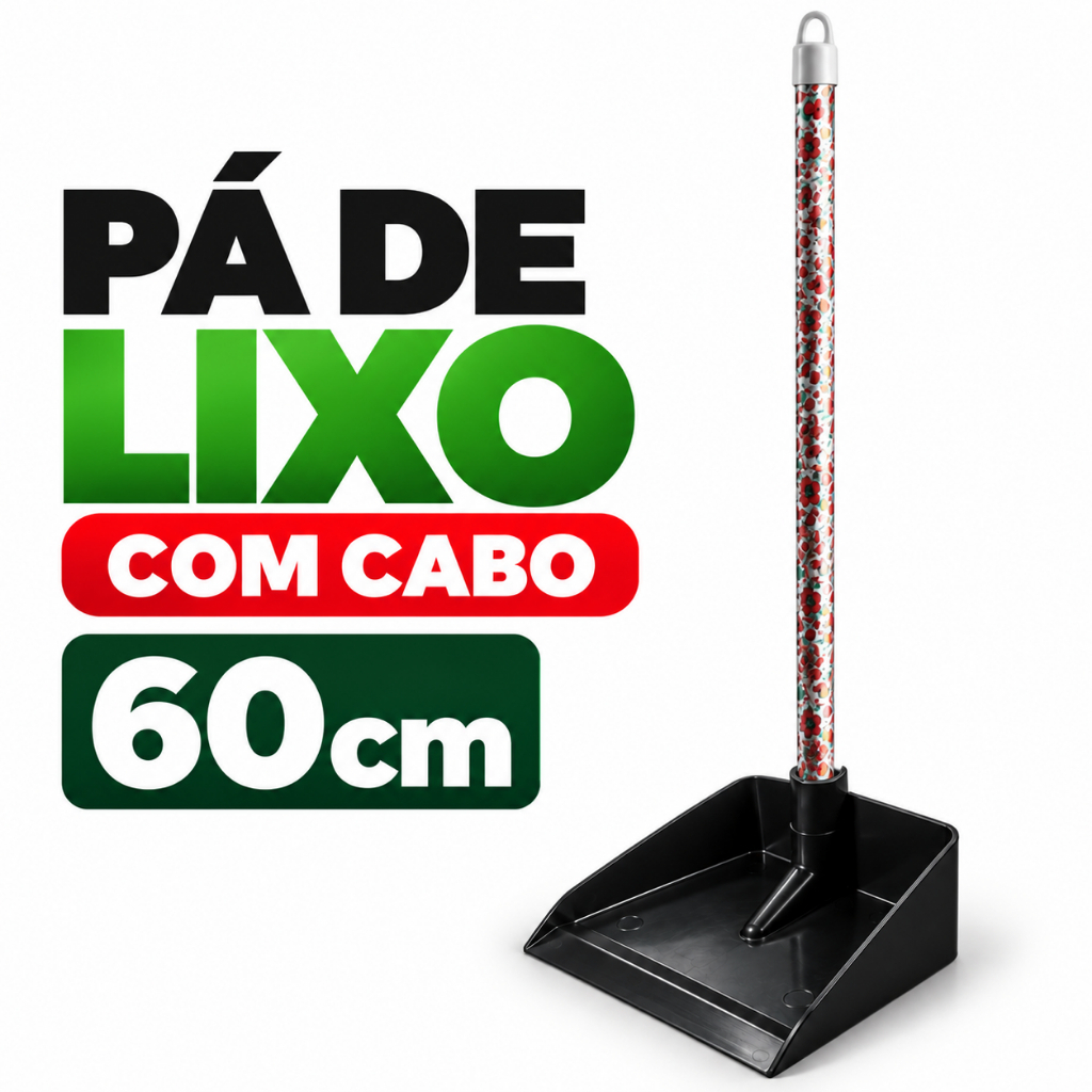Pá de Lixo com Cabo Longo 60cm Plástico Reforçado Resistente Limpeza Doméstica Profissional Casa Cozinha Comércio