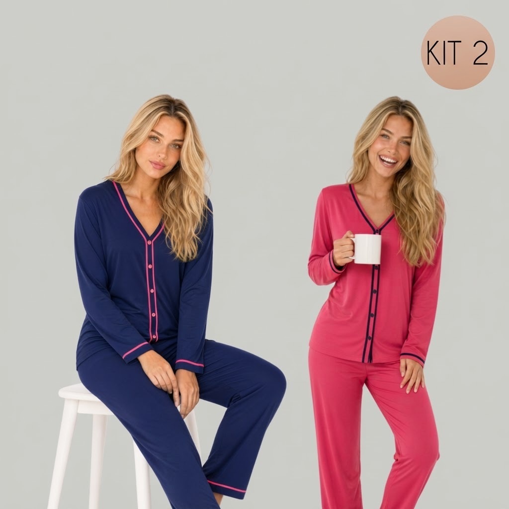 Kit 2 Conjuntos Pijama Longo Inverno Blogueira Malha PV Botão Amamentação Pós Cirúrgico