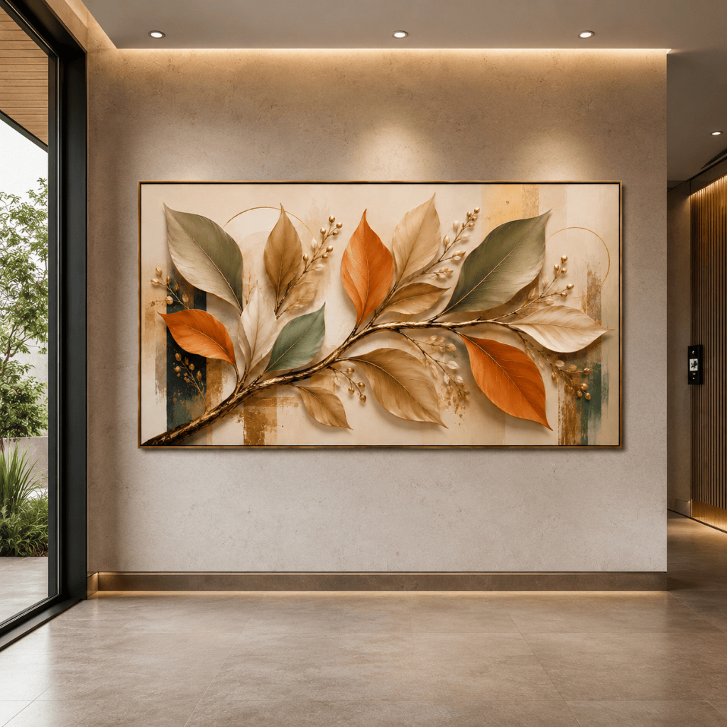 Quadro Decorativo Folhagem Artística Terracota e Verde Botânica Sofisticada Minimalista Clean Luxuosa