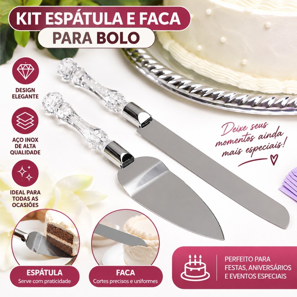 Kit Espátula E Faca Bolo Tortas Pães Cozinha Aço Inox Cabo Acrílico