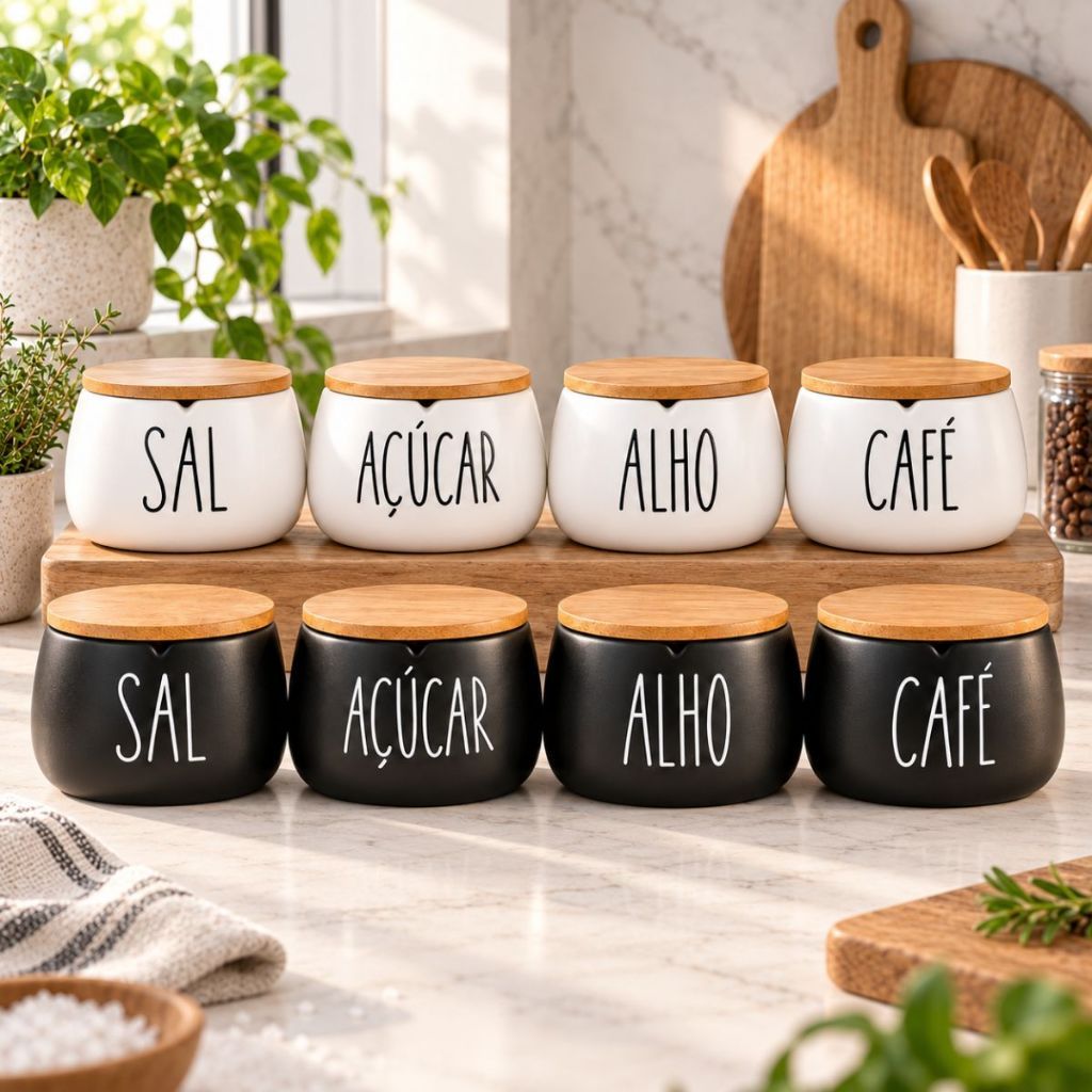 Pote Para Cozinha Porta Tempero e Cantinho do Café Hermético Cerâmica tampa de Bambu Madeira 600ml