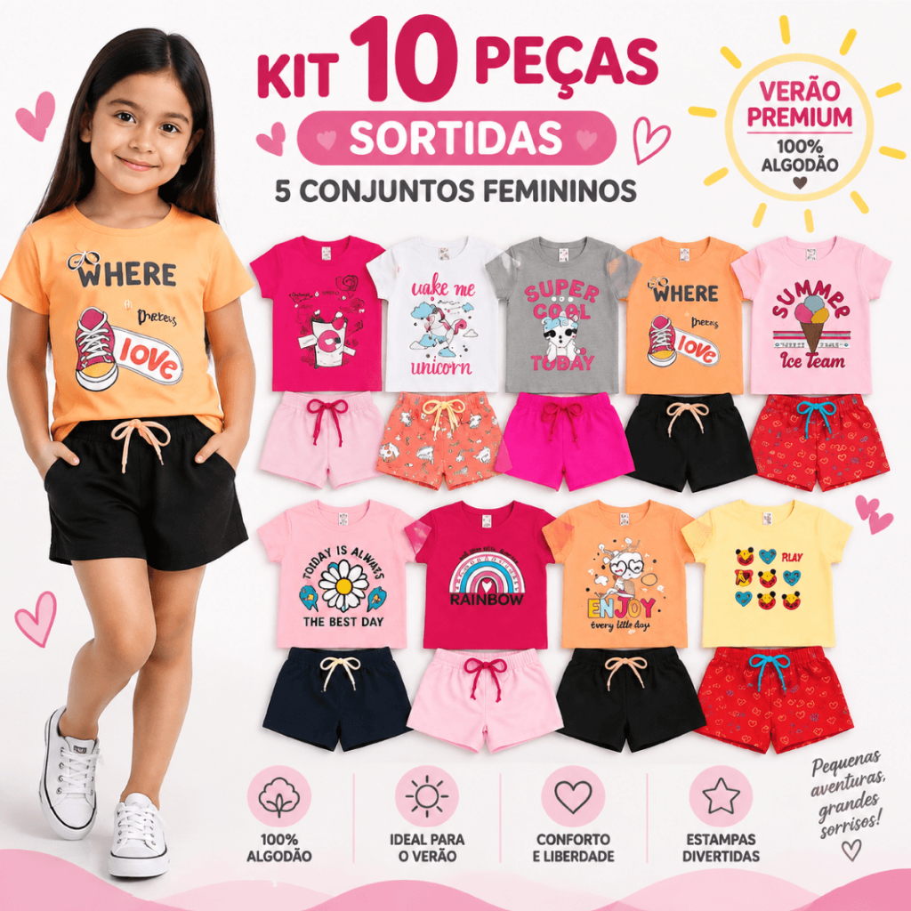 Kit 10 Peças 5 Conjuntos Femininos Infantil Blusa Gola Redonda Estampado Shorts Curto Colorido Com Cadarço Festa Verão