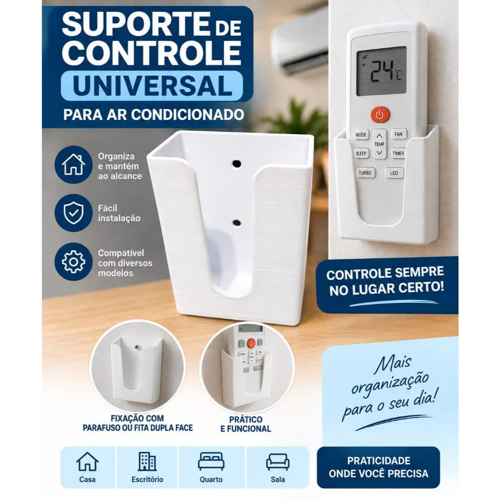 Suporte De Parede Porta Controle Remoto Universal Ar Tv Ventilador Organizador Casa Quarto Sala PC 3J LAB PRINT