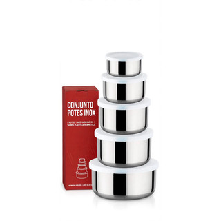 Conjunto 5 Potes Inox Quadrado Com Tampa 225ml a 1350ml 10 12 14 16 18cm