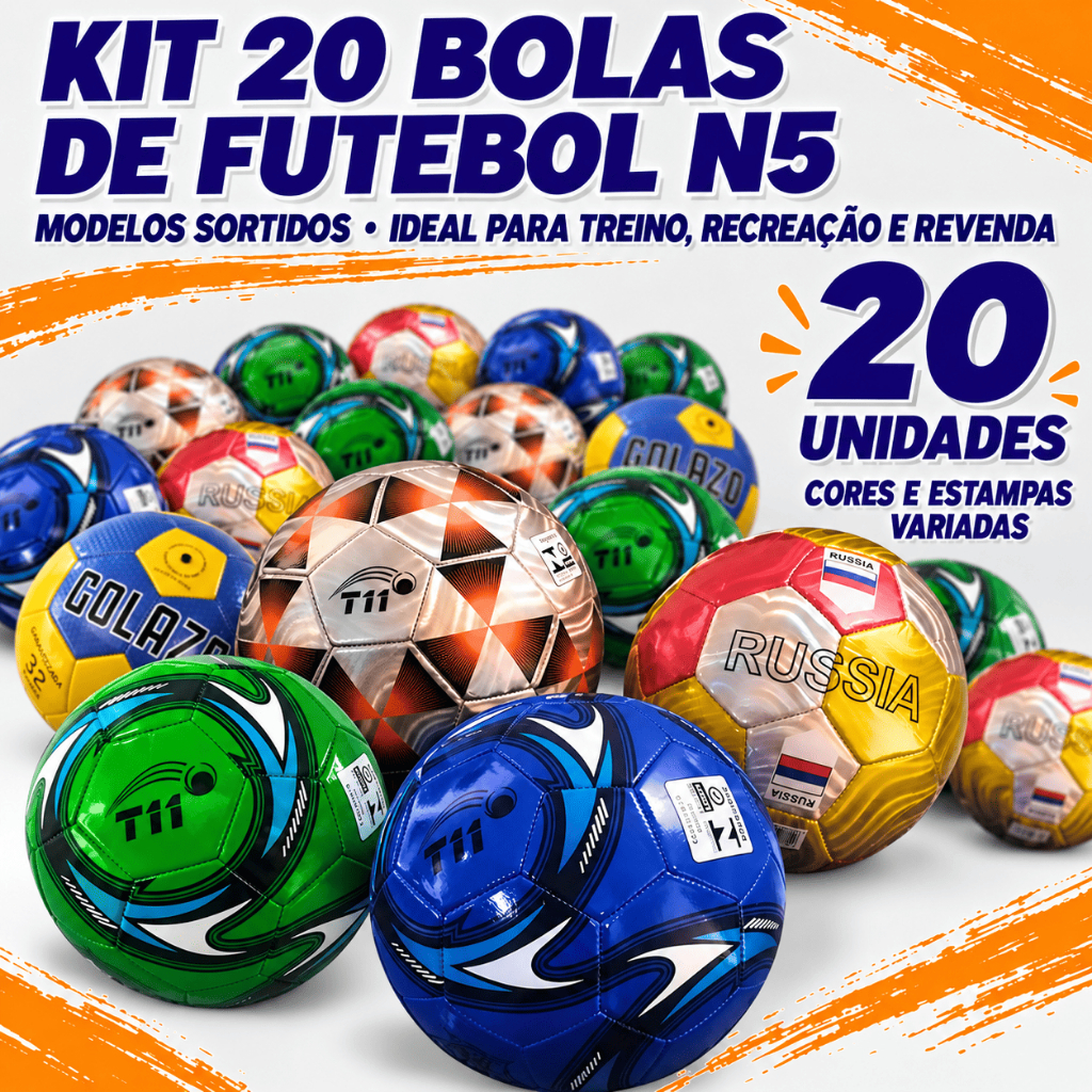 Kit 20 Bolas de Futebol Tamanho 5 para Campo, Quadra, Treino e Atacado - Sortidas