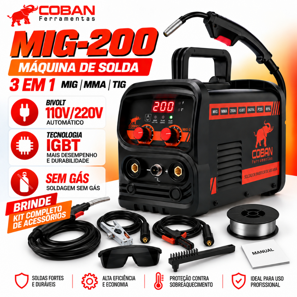 Máquina de Solda MIG 200A Bivolt 3 em 1 Sem Gás MMA Eletrodo TIG Lift Máquina de Soldar Smart