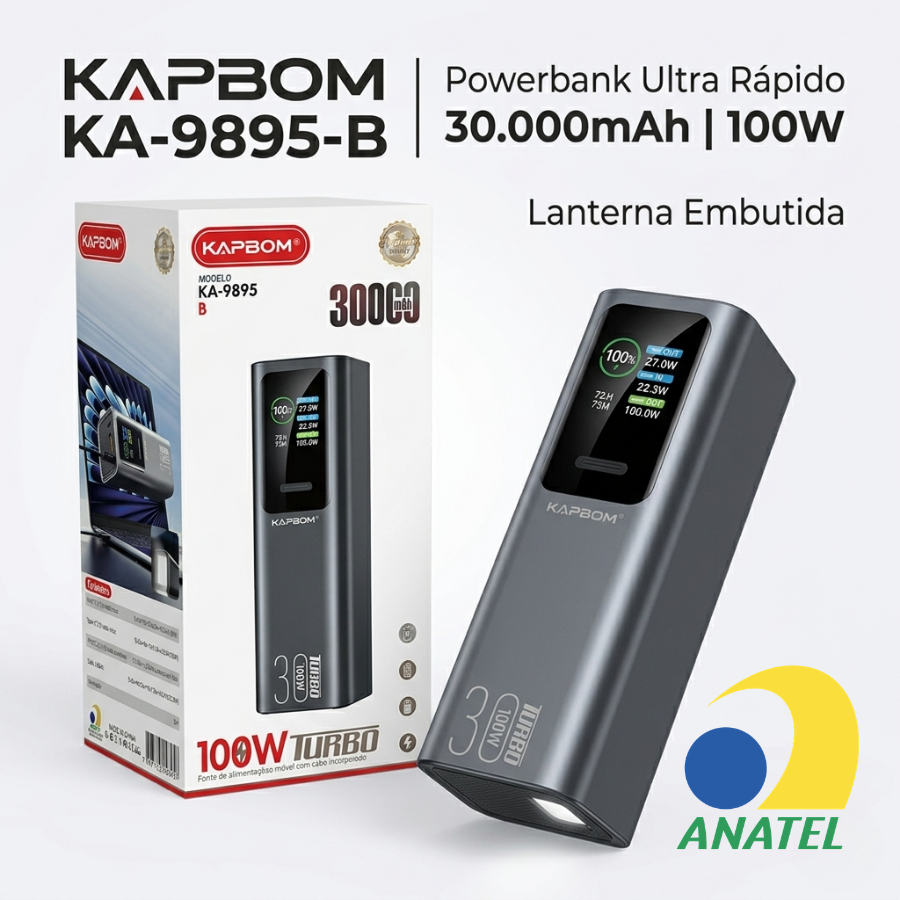 Power Bank 30000 mAh 100W Turbo Portatil Carregamento Rápido com Lanterna Embutido Cabo Tipo C Powerbank KAPBOM KA9895B