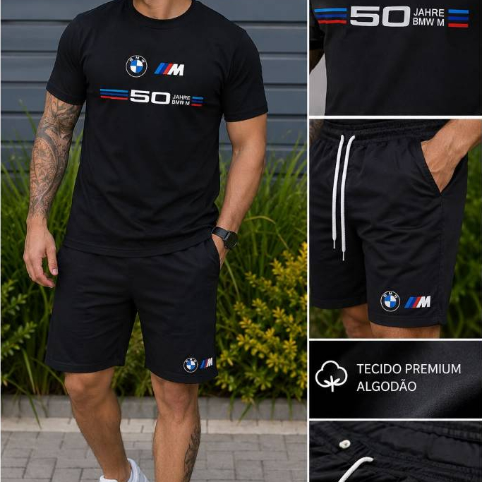 Conjunto Kit camiseta verão 100% algodão 30,1 bermuda leve para caminhada academia ESTAMPA BMW 50 + RELOGIO DIGITAL TOP