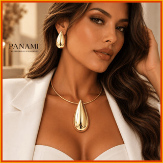 Conjunto Colar Choker Aro Rígido Dourado Pingente Gota Grande com Brinco Gota Maxi Feminino Elegante Luxo