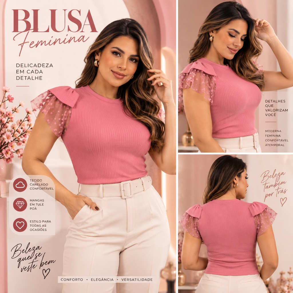 Blusa Feminina Canelada Premium Manga  Meia Lua Feminina Com Renda e Elastano