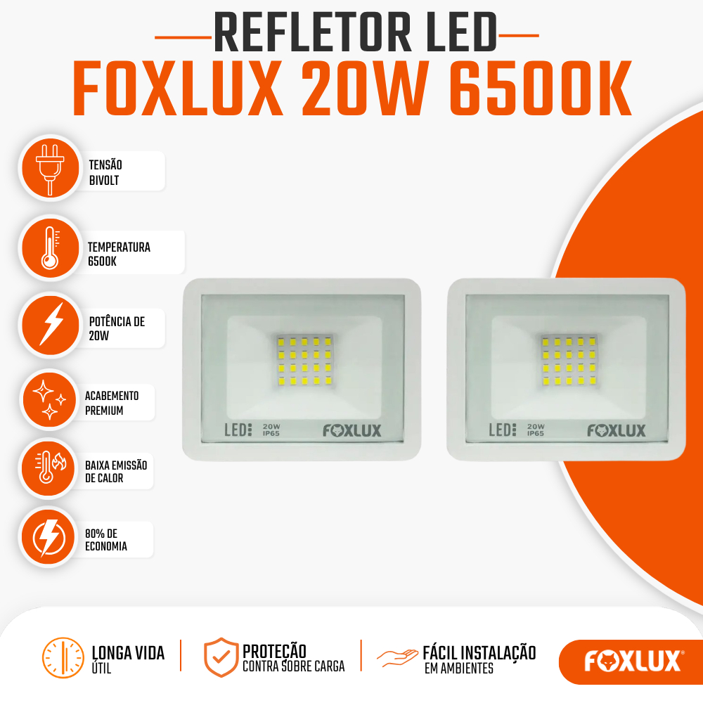 Refletor LED 20W Foxlux 6500K Branco Frio IP65 Resistente a Água Kit com 2