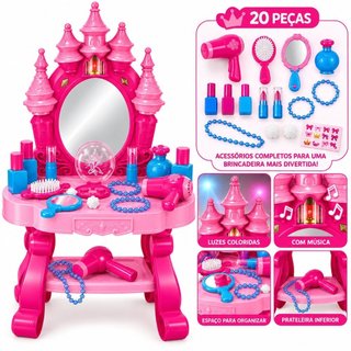 Camarim Infantil Rosa Castelo Princesa Com Som Luz e Espelho 20 Peças + Secador Penteadeira de Princesa  Maquiagem