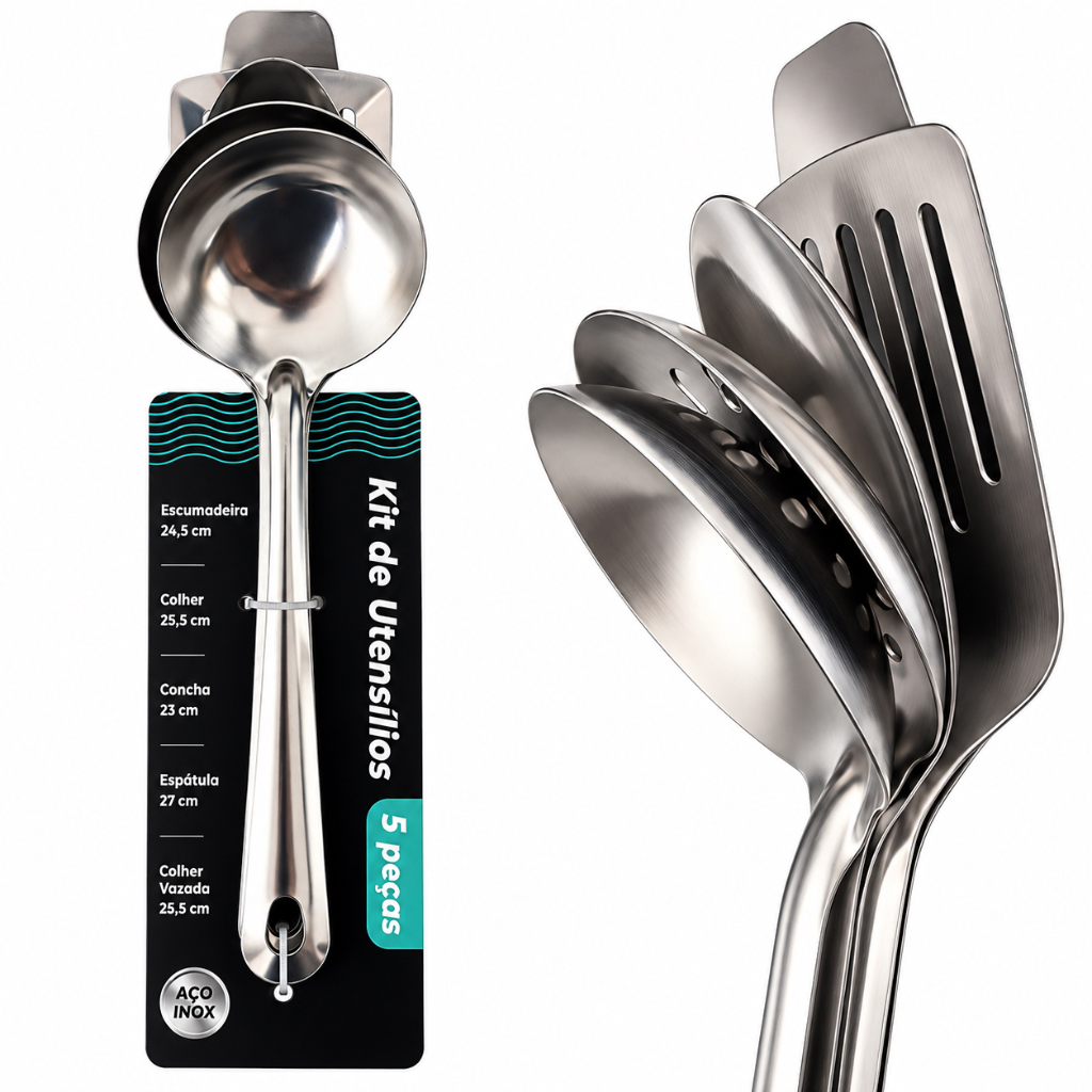 5 Utensílios de Cozinha Aço Inox Espátula Colher Concha Escumadeira e Colher Vazada