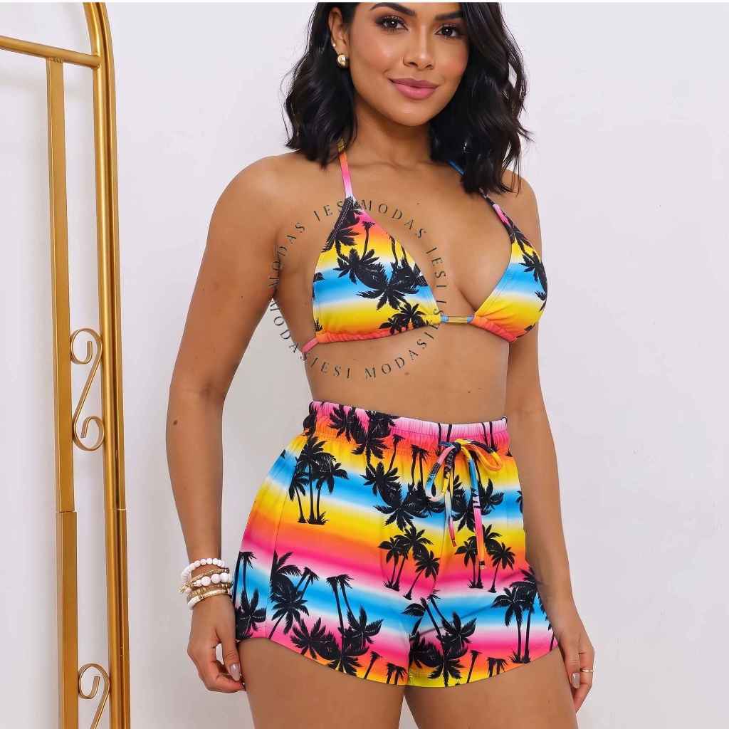 triquini feminina kit con 3 peças com short estampados verão
