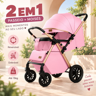 Carrinho Bebê Completo 2 em 1 com Moisés Reversível Dobrável Infantil Recém-Nascido Menino Menina Até 15kg -P28/P29