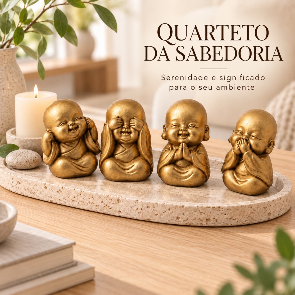 Imagem Mini Buda Decoração Estátua Trio Kit 4 Budas Meditação Zen Decorativo Escultura Meditando Minimalista