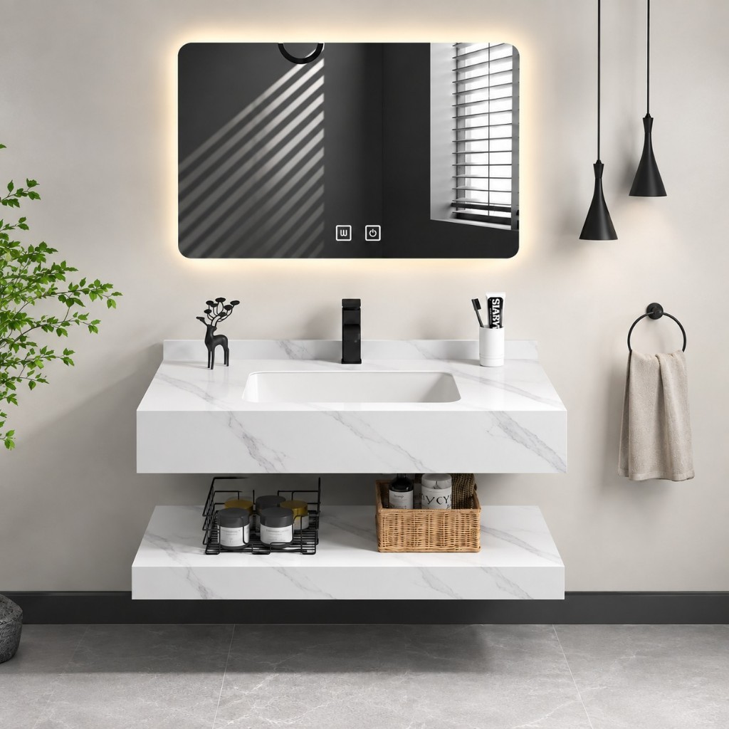 Bancada de Porcelanato Com Cuba de Cerâmica e Espelho com Led