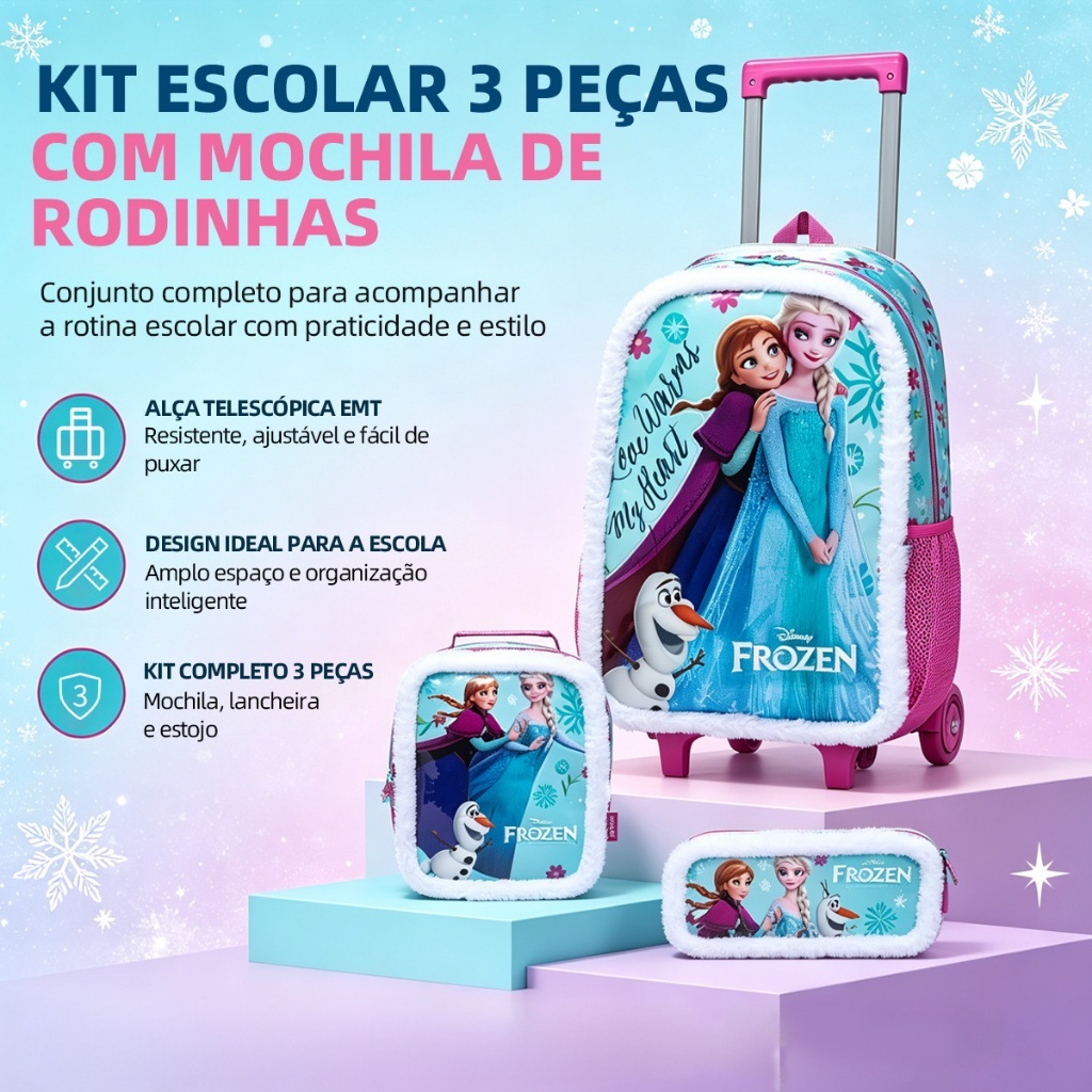 Kit Escolar Frozen Pelúcia Mochila Rodinha Lancheira Infantil Disney