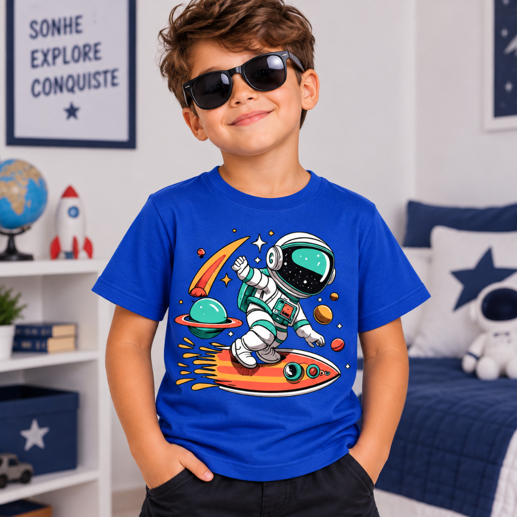 Camiseta T-Shirt Unissex Infantil Juvenil Várias Cores Estampa Astronauta Espaço Aventura Manga Curta