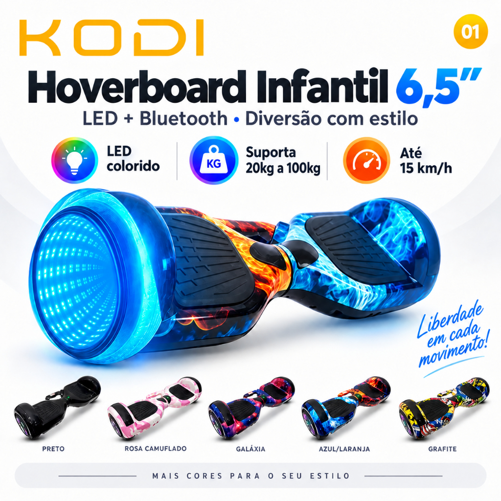 Hoverboard Infantil 6.5" KODI | Skate Elétrico com LED, Equilíbrio Inteligente e Base Antiderrapante