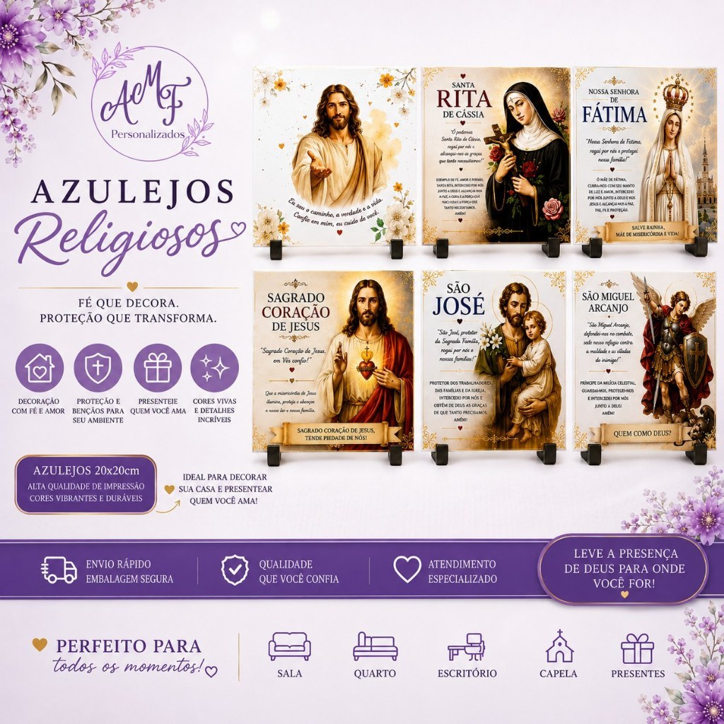 Azulejo Religioso 20x20 Decorativo | Católico | Jesus | Nossa Senhora | Santos | Sagrada Família | Anjo da Guarda