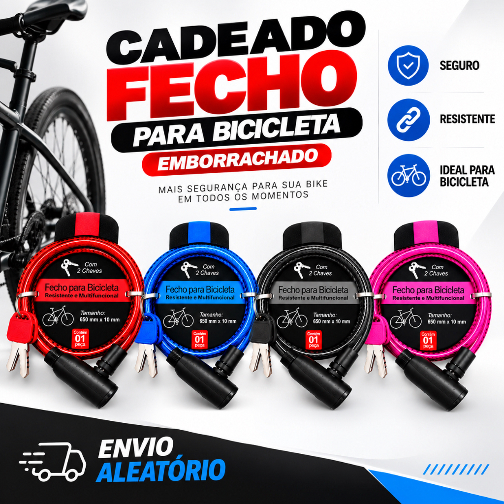 Cadeado Multifuncional para Bicicleta com 2 Chaves Cabo de Aço 10mm