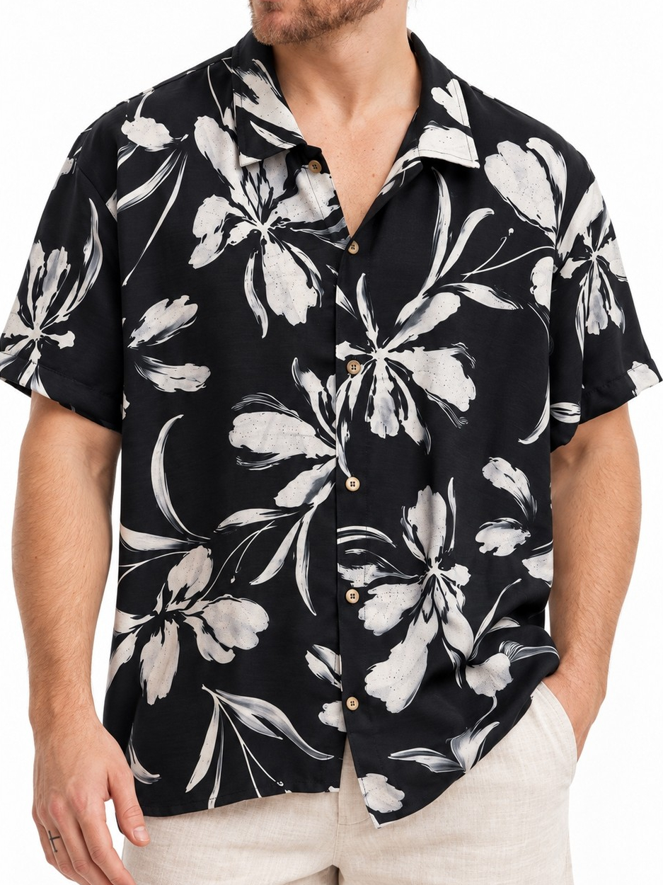 Camisa Masculina Manga Curta Estampada Verao Praia Floral Leve Fresca Calor Exclusiva Blackout