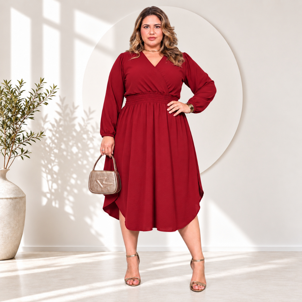 Vestido Midi Decote V Plus Size Confortável Manga Longa Moda Casual Feminina