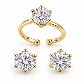 Kit Anel Ajustável + Brincos Ponto de Luz Zircônia Solitário Dourado Conjunto Feminino 6 Garras Cristal