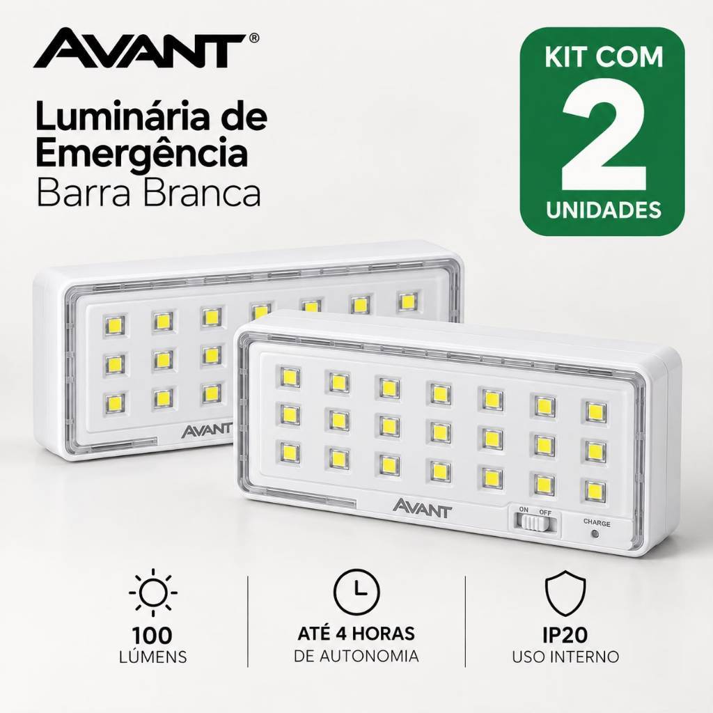 Kit c/ 2 Luminárias de Emergência Barra LED 1W 100lm Bivolt 6000K Avant