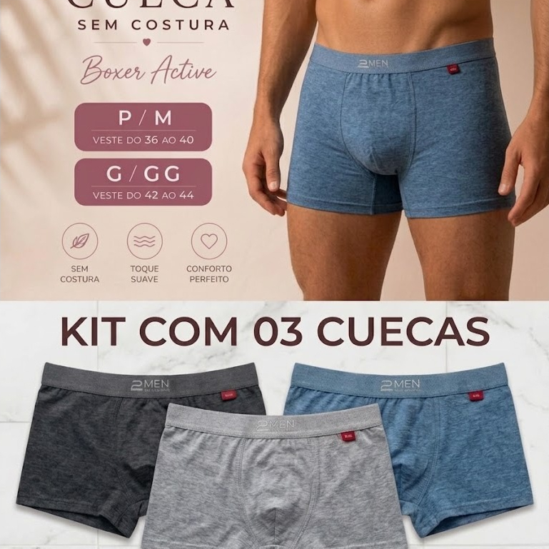 Kit 3 Cuecas Boxer Masculinas Conforto Premium Poliéster Elástico Microfibra Sem Costura
