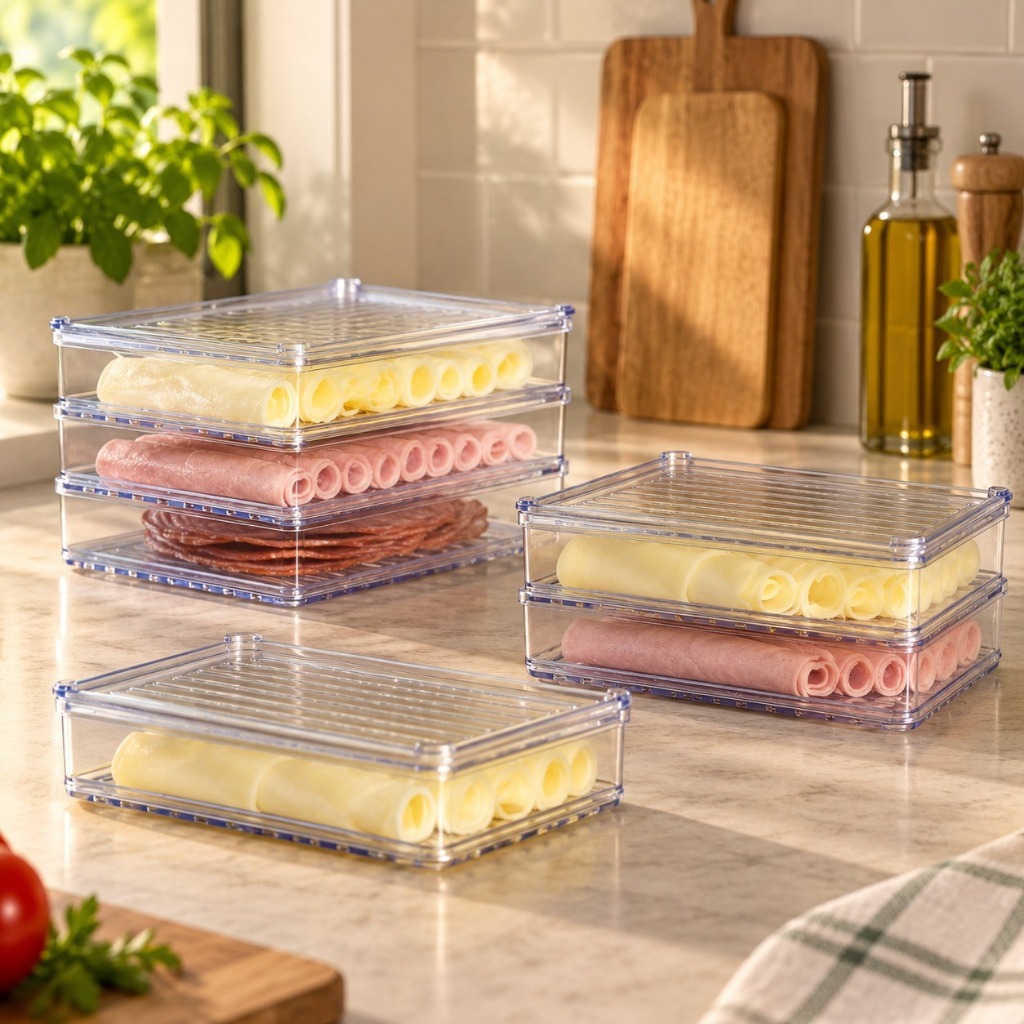 Kit Porta Frios com 1, 2 ou 3 Compartimentos Presunto Queijo Acrílico Resistente Com 1 Tampa Hermético Empilhável