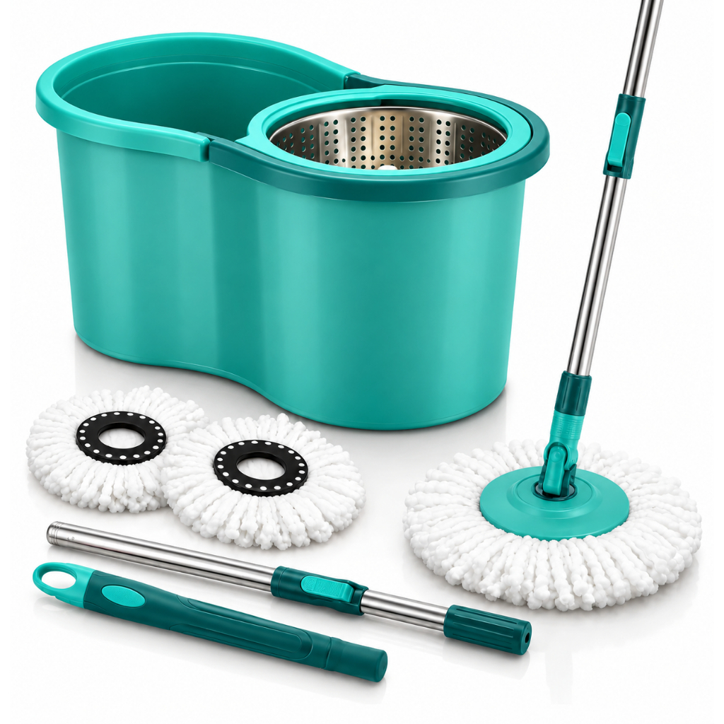 Mop Giratório 360° Esfregão Multiuso Com Centrífuga Balde Alça Cabo Reforçado 2 Microfibra Cesto Inox 9L