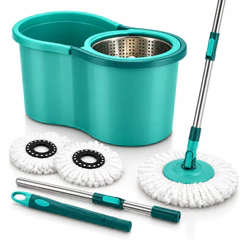 Mop Giratório 360° Esfregão Multiuso Com Centrífuga Balde Alça Cabo Reforçado 2 Microfibra Cesto Inox 9L