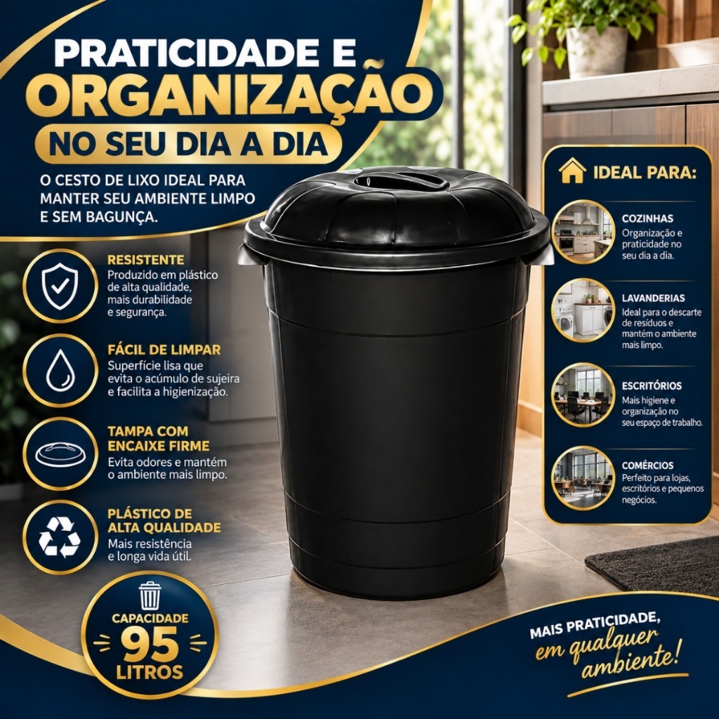 Cesto Plástico 100 Litros Com Tampa Alça Reforçado Lixeira Preto Multiuso