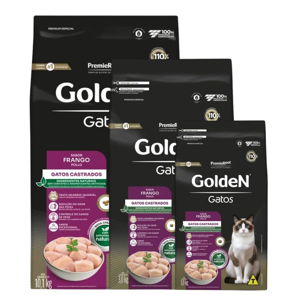 Ração Golden Gatos Adultos Castrados Sabor Frango (1kg, 3kg, ou 10,1kg) - Golden Premier