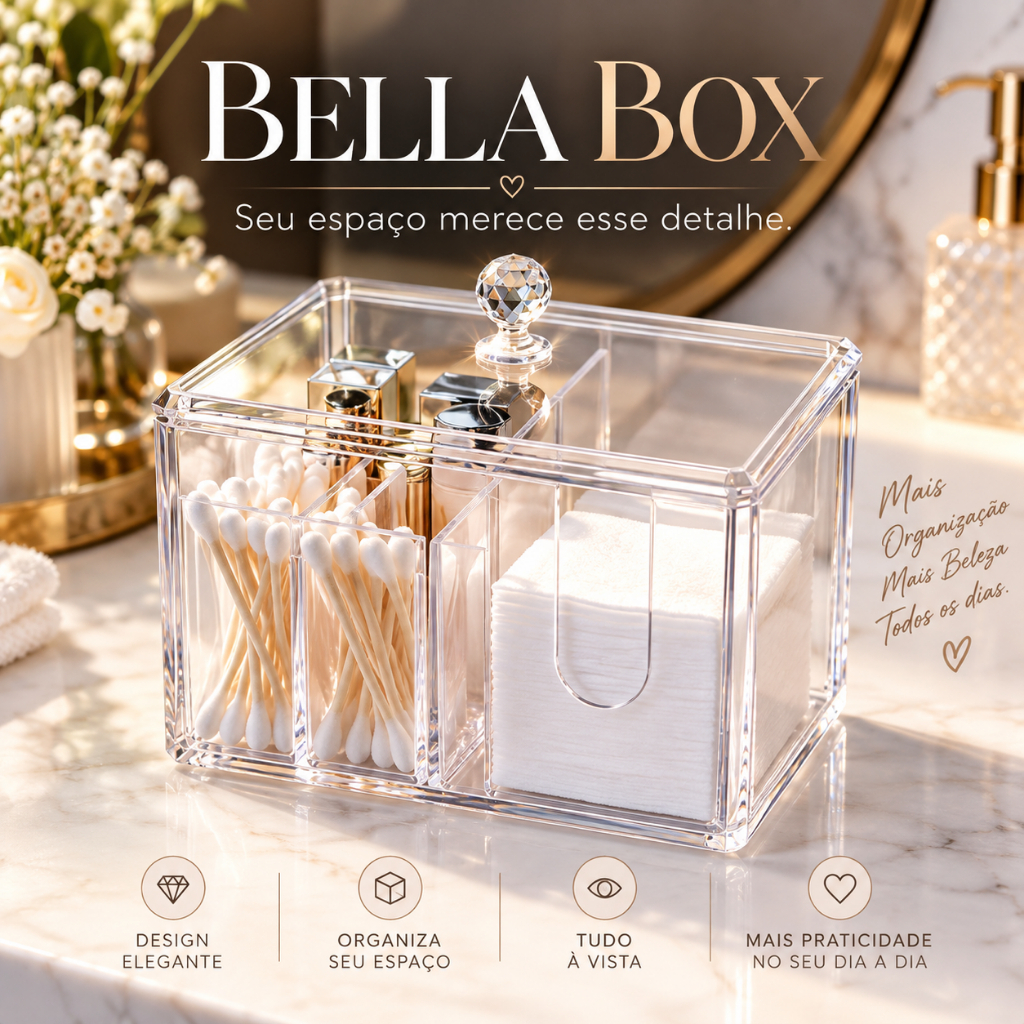 Organizador Acrílico Transparente Premium para Algodão e Cotonete Porta Cosmético Multiuso Tampa Bella Box