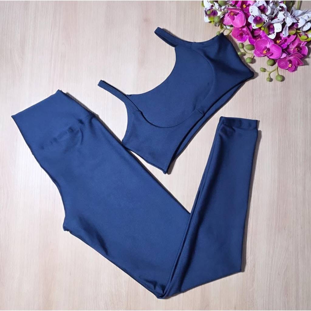 Conjunto Fitness Feminino Calça e Top Suplex Power Brilhoso Costas Nuas Zero Transparência Academia