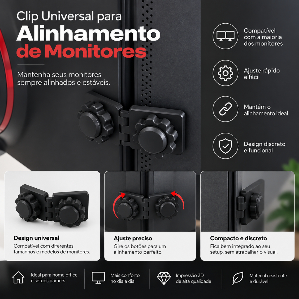 Clip Universal Alinhador para 2 Monitores – Suporte de Alinhamento para Monitores Duplos