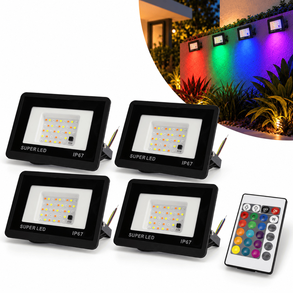 Kit 1 a 4 Refletor LED 200W Colorido RGB IP66 Holofote À Prova d'Água Bivolt Com Controle Remoto 