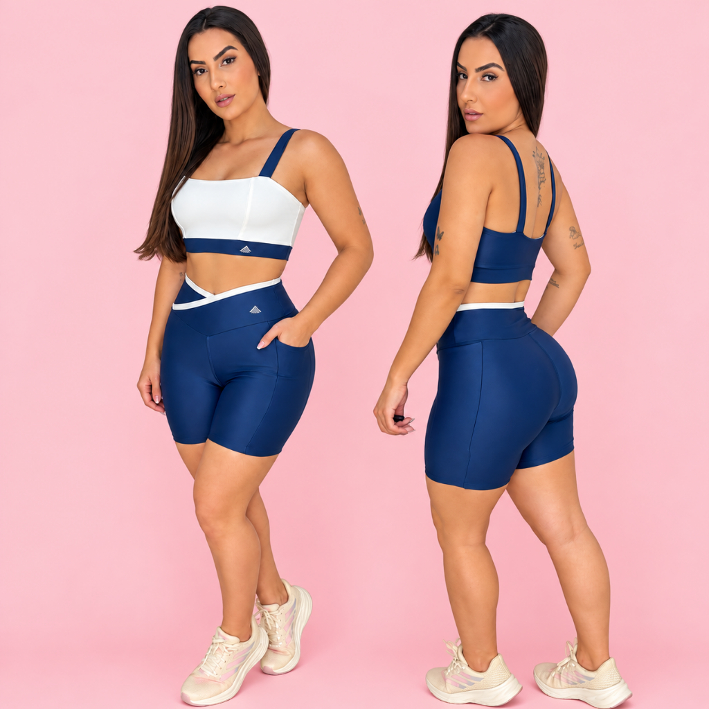 Conjunto Roupa Bicolor Fitness Academia Corrida Short Bermuda Bolso Cós Cruzado Forrado Top Dupla Face Alças Largas