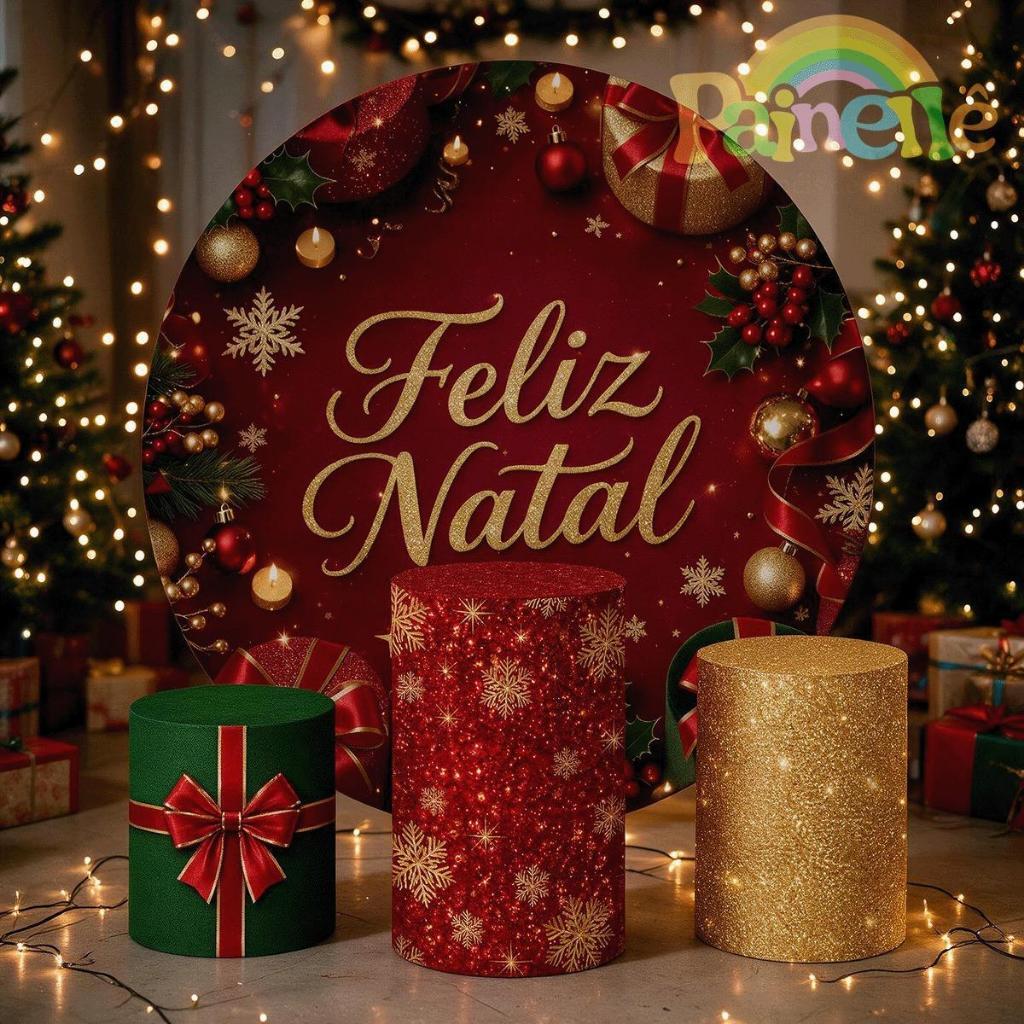 Kit Painel Festa Redondo + Trio Capa Cilindro coleção Feliz Natal