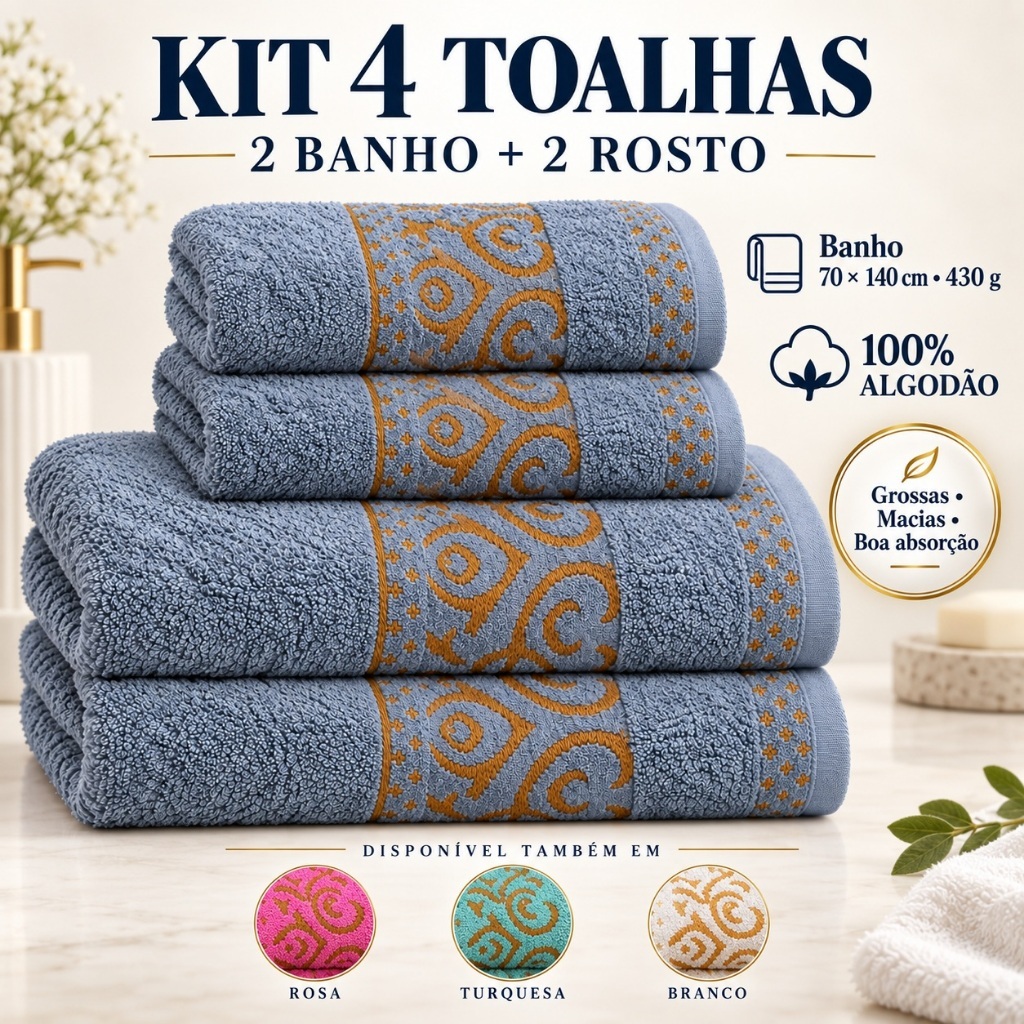 Kit 2 Toalhas De Banho E 2 Rosto Exuberance 100% Algodão Felpudo Grossa