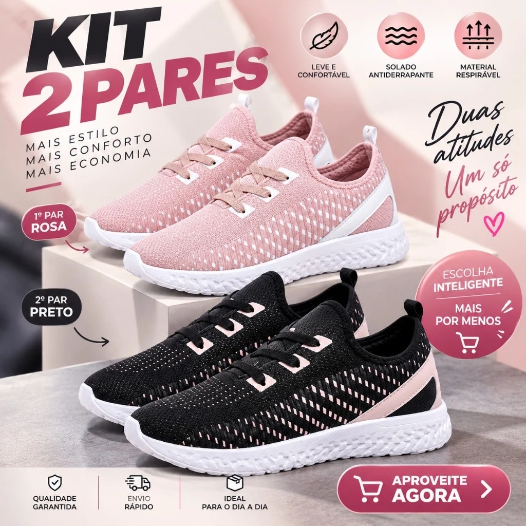 Kit 2 Pares Tênis Feminino Esportivo Casual Academia Caminhada Leve Confortável 34 ao 39 Promoção — imagem 1
