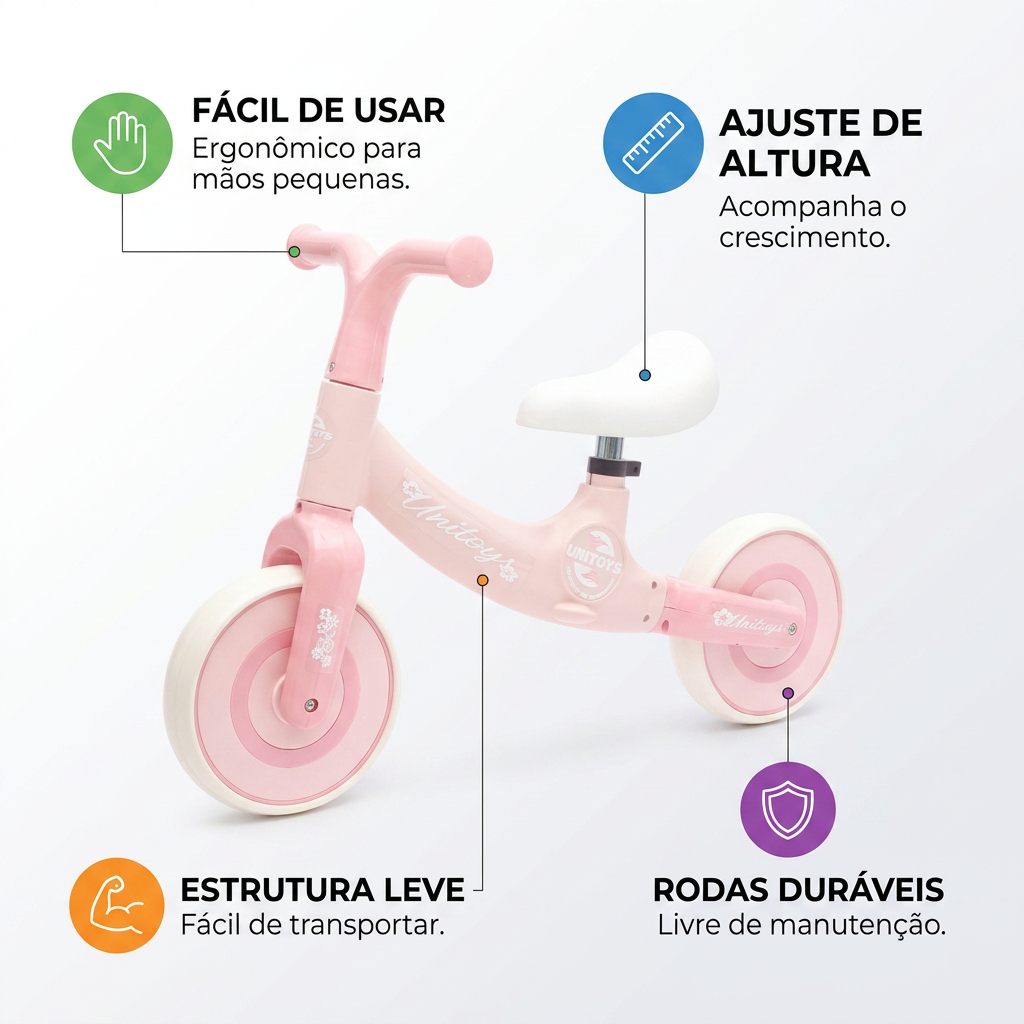 Bicicleta de Equilíbrio Infantil Rosa Sem Pedal para Criança Bike de Aprendizado Primeiros Passos