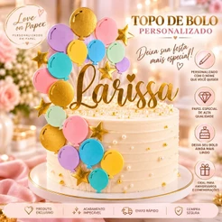 Topo de Bolo Balões com cores Candy Personalizado com Nome | Decoração Premium Luxo para Aniversário