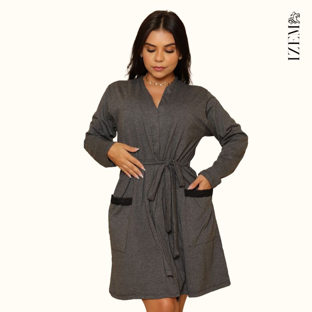 Robe Roupão de Amamentar Gestante Manga Longa de Algodão Confortável Inverno